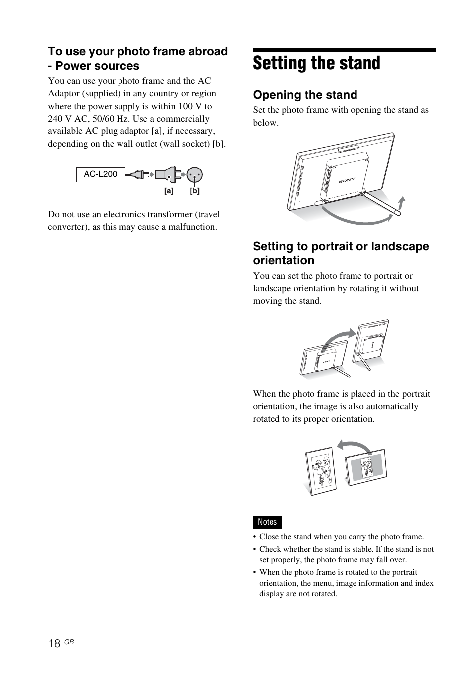 Setting the stand, Opening the stand, Setting to portrait or landscape orientation | Sony DPF-V900 User Manual | Page 18 / 56