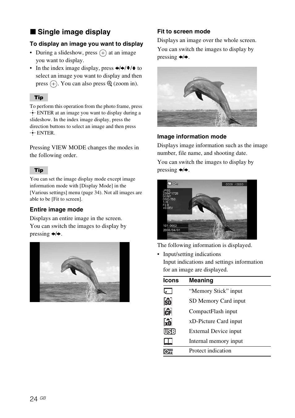 X single image display | Sony DPF-V900 User Manual | Page 24 / 56