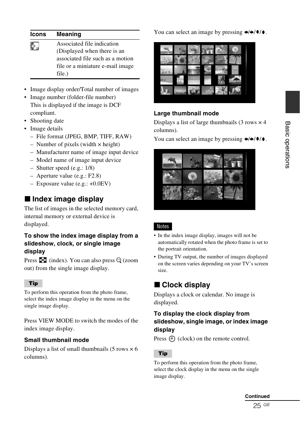 X index image display, X clock display | Sony DPF-V900 User Manual | Page 25 / 56