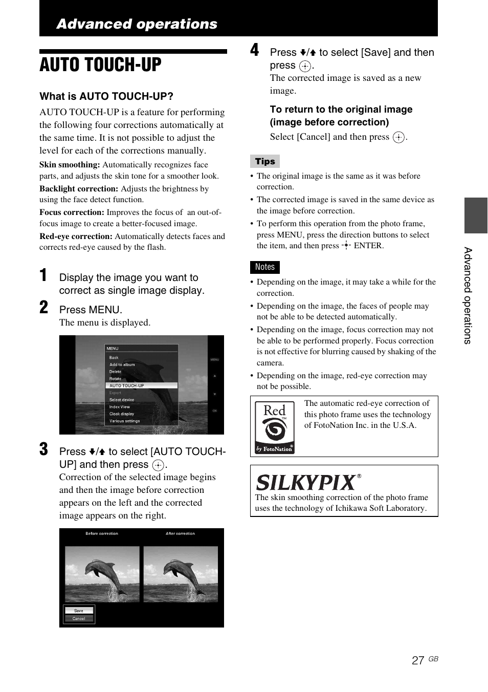 Advanced operations, Auto touch-up | Sony DPF-V900 User Manual | Page 27 / 56