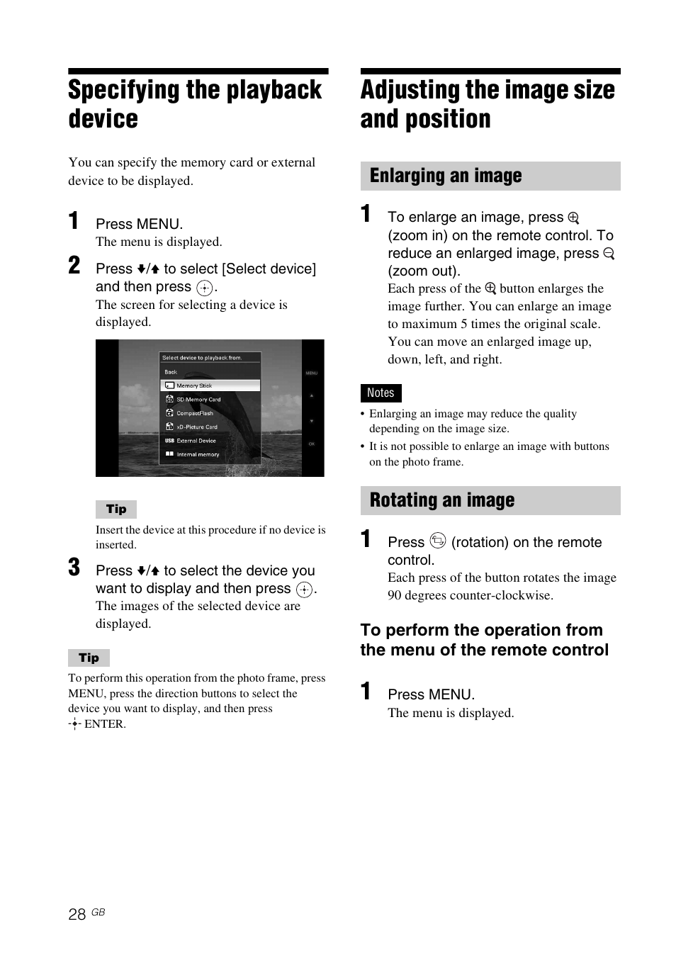 Specifying the playback device, Adjusting the image size and position, Enlarging an image | Rotating an image, Enlarging an image rotating an image | Sony DPF-V900 User Manual | Page 28 / 56