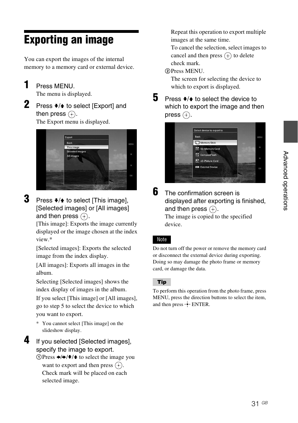 Exporting an image | Sony DPF-V900 User Manual | Page 31 / 56