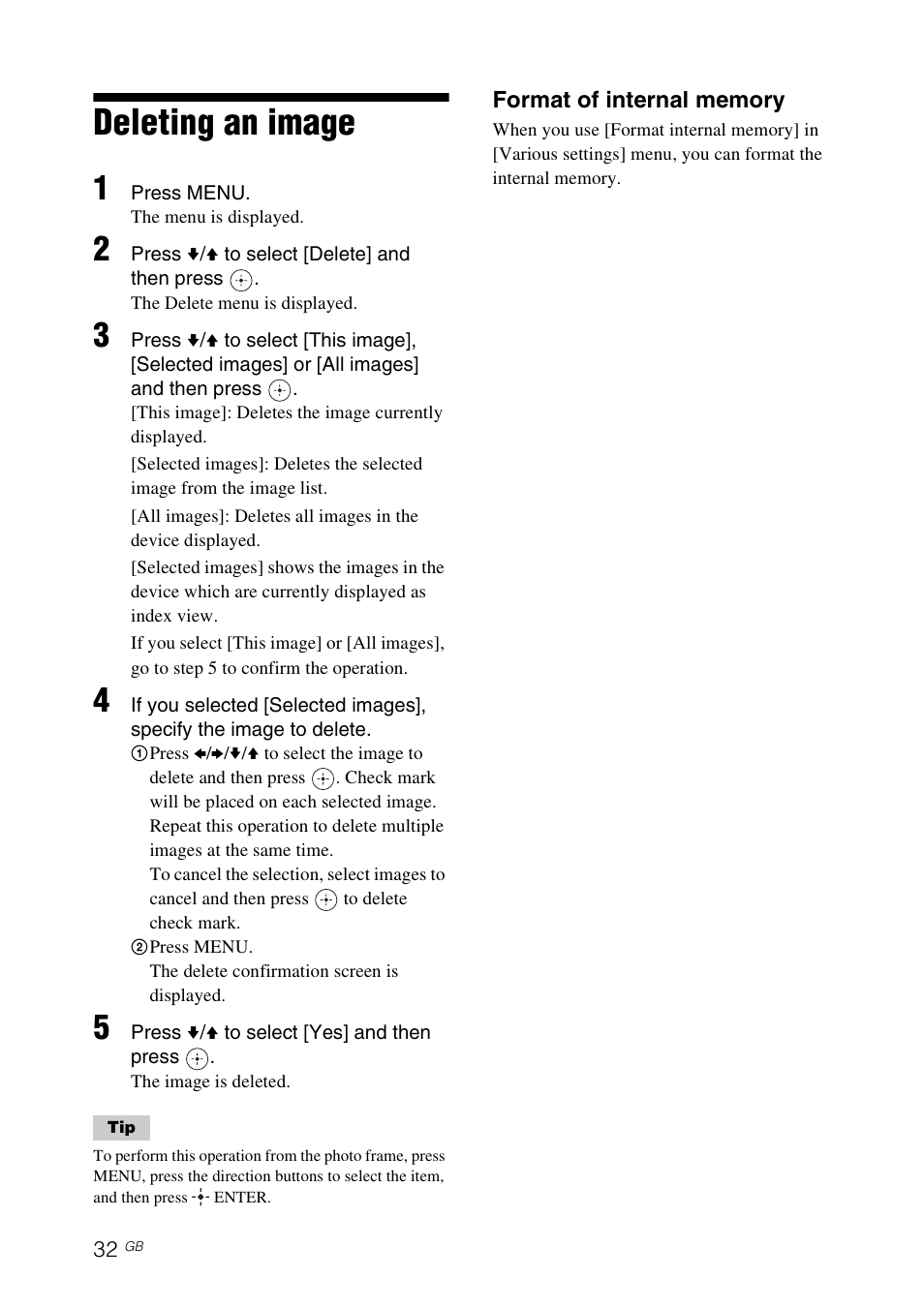 Deleting an image | Sony DPF-V900 User Manual | Page 32 / 56