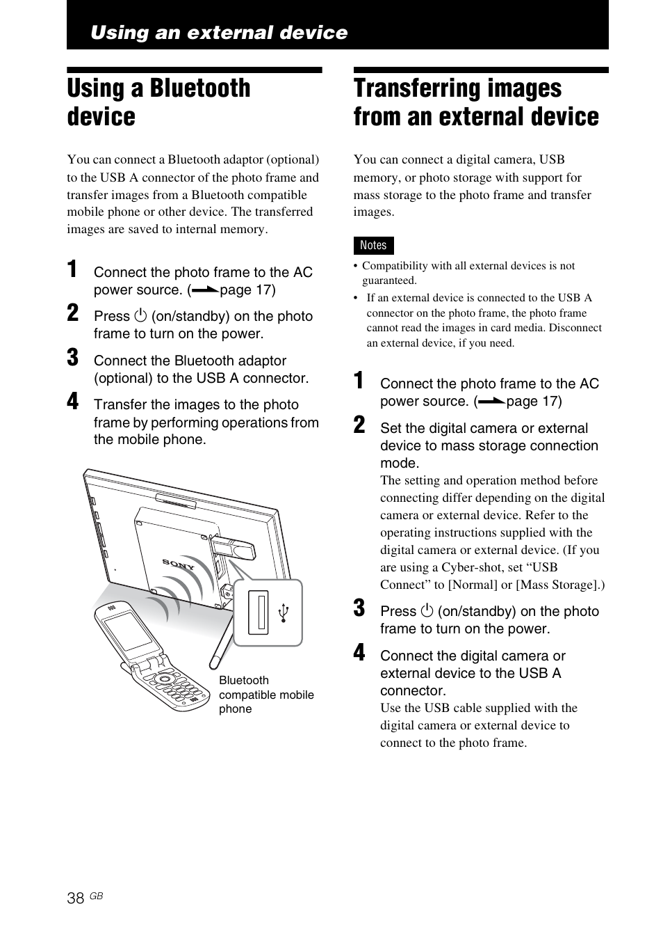 Using an external device, Using a bluetooth device, Transferring images from an external device | Sony DPF-V900 User Manual | Page 38 / 56