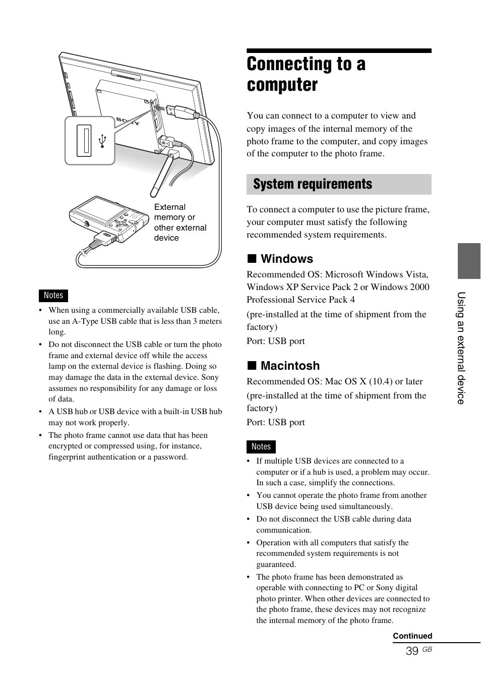 Connecting to a computer, System requirements, X windows | X macintosh | Sony DPF-V900 User Manual | Page 39 / 56