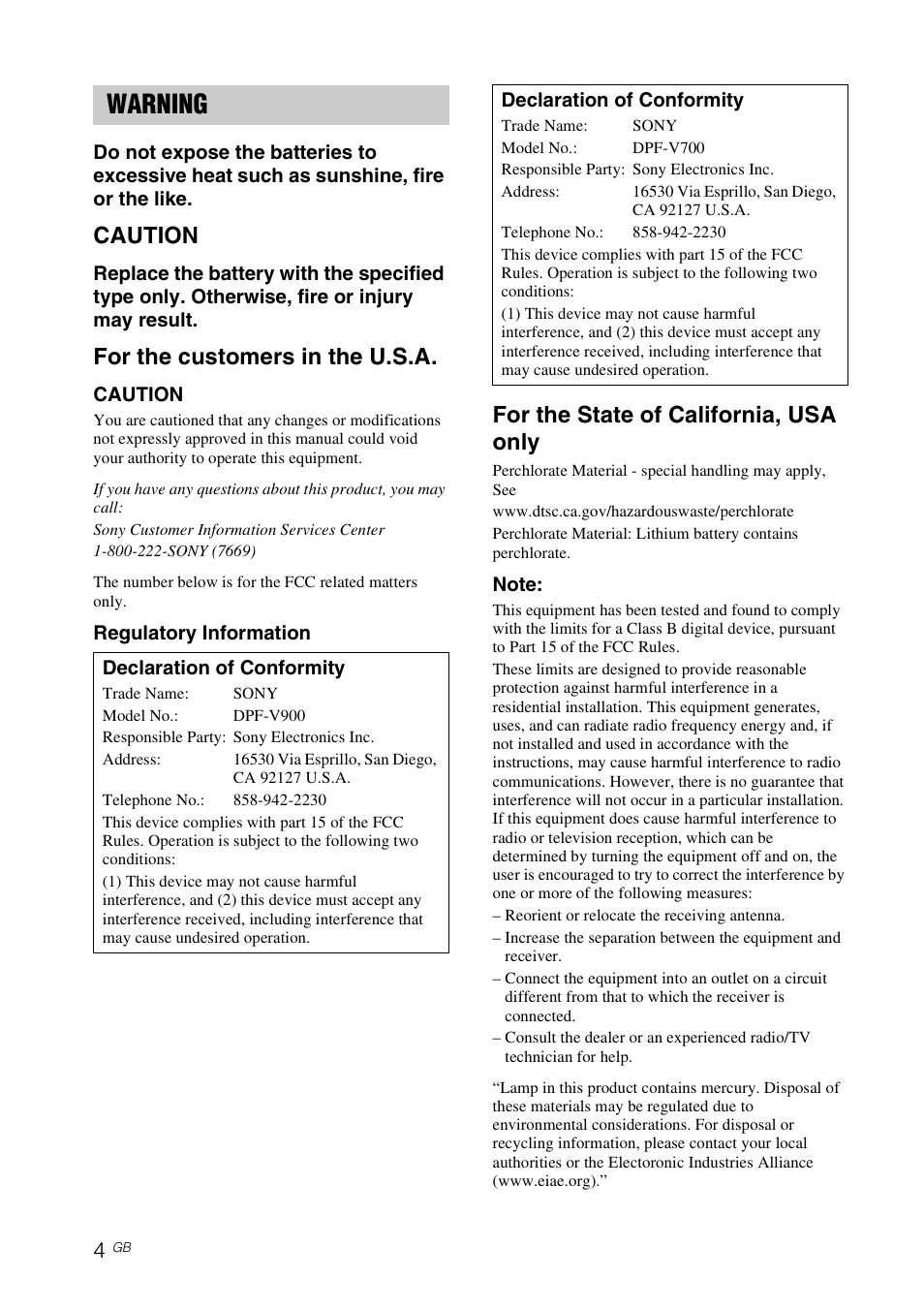 Warning, Caution, For the customers in the u.s.a | For the state of california, usa only | Sony DPF-V900 User Manual | Page 4 / 56