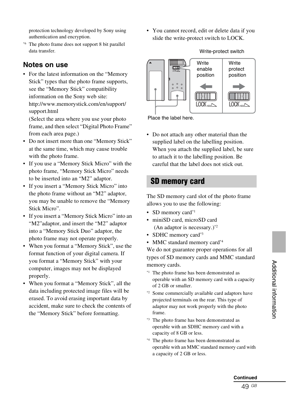 Sd memory card | Sony DPF-V900 User Manual | Page 49 / 56