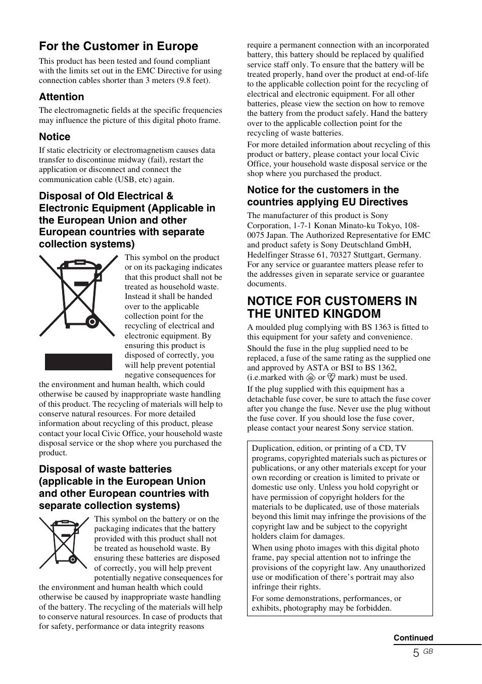 For the customer in europe, Notice for customers in the united kingdom | Sony DPF-V900 User Manual | Page 5 / 56