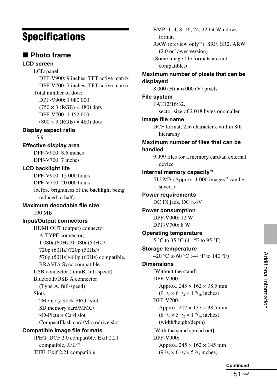 Specifications, X photo frame | Sony DPF-V900 User Manual | Page 51 / 56