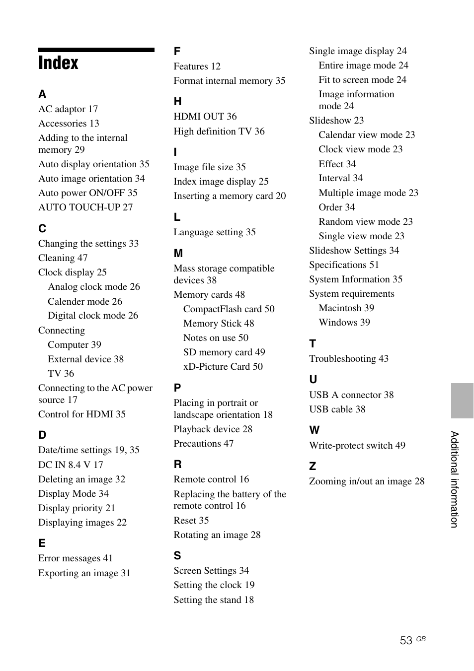 Index | Sony DPF-V900 User Manual | Page 53 / 56