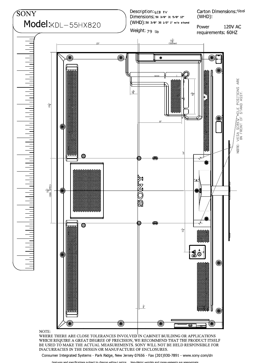 Dimensions; so a/a* ai 5/8' 12, Weight: 79 ib, Model | Sony KDL-55HX820 User Manual | Page 2 / 5