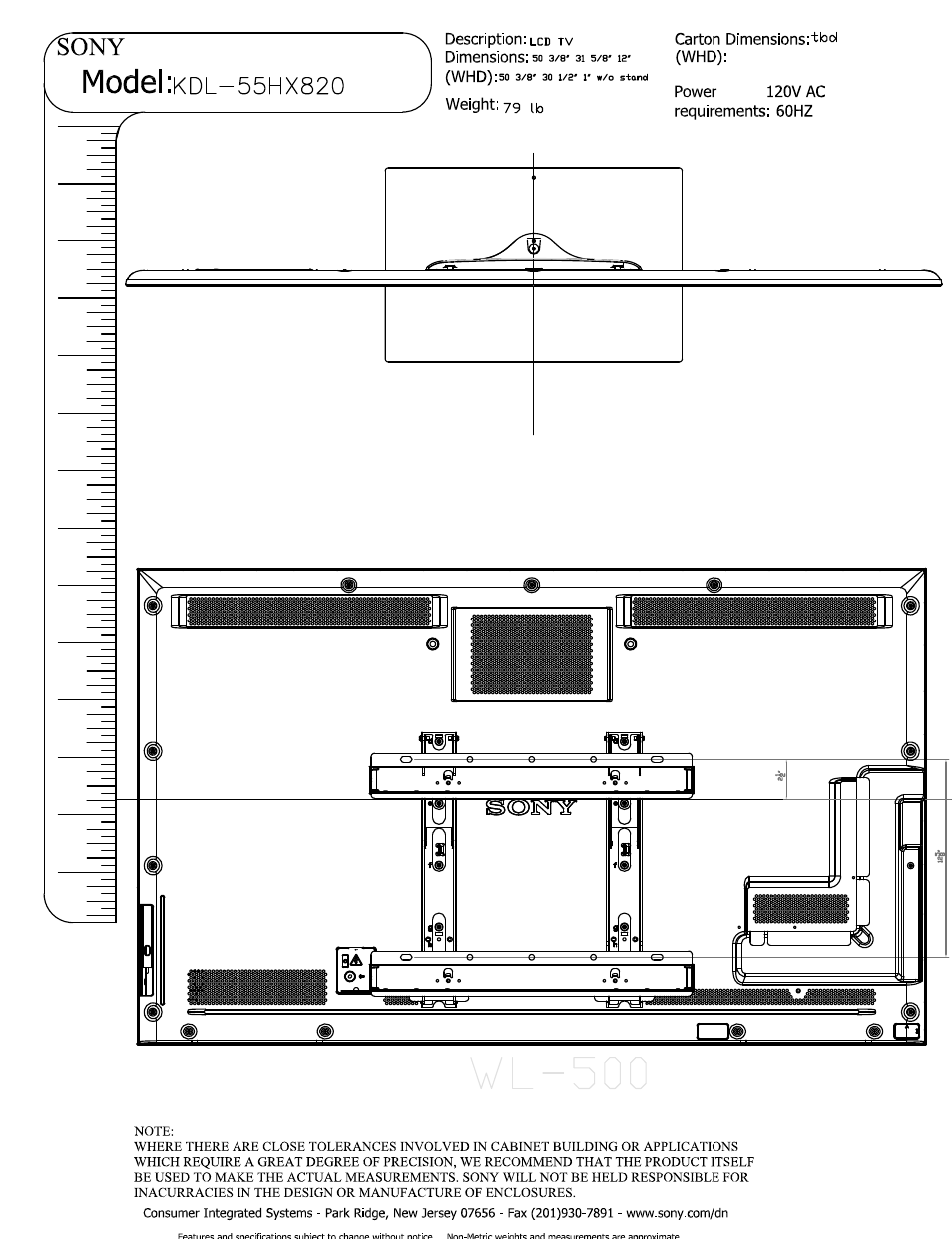 Dimensions; so a/a* ai 5/8' 12, Weight: 79 ib, Model | Sony KDL-55HX820 User Manual | Page 5 / 5