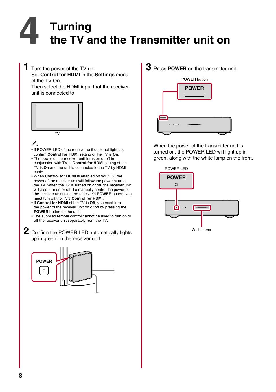 Turning the tv and the transmitter unit on | Sony DMX-WL1 User Manual | Page 8 / 16