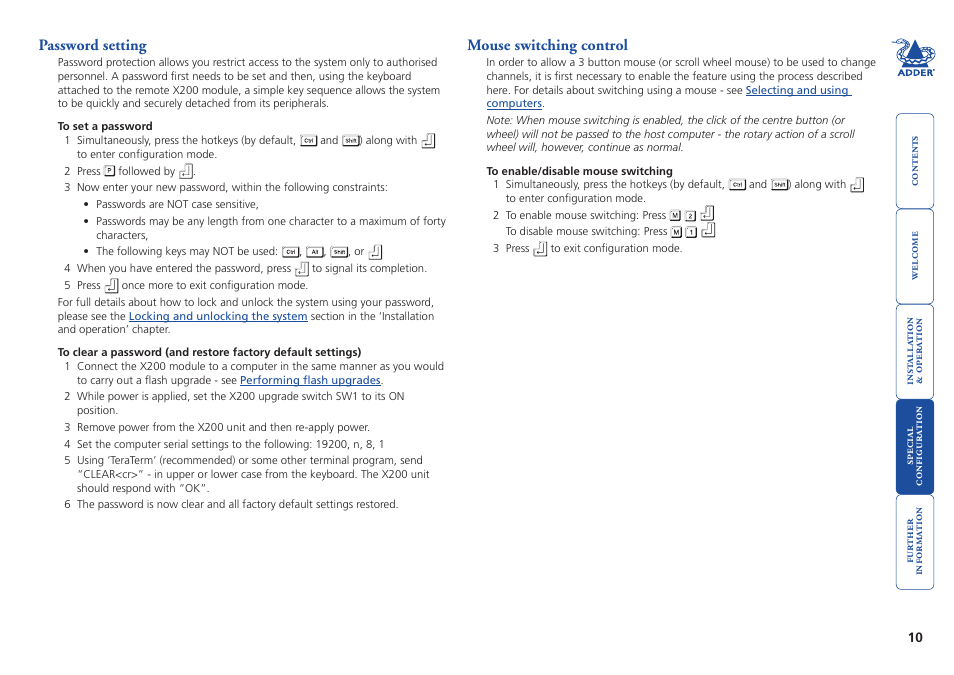 Password setting, Mouse switching control, Password.setting mouse.switching.control | Efer to the, Password, Setting, Mouse.switching, Control, Password.setting, Allows you to lock the r | Adder Technology X200 User Manual | Page 11 / 21