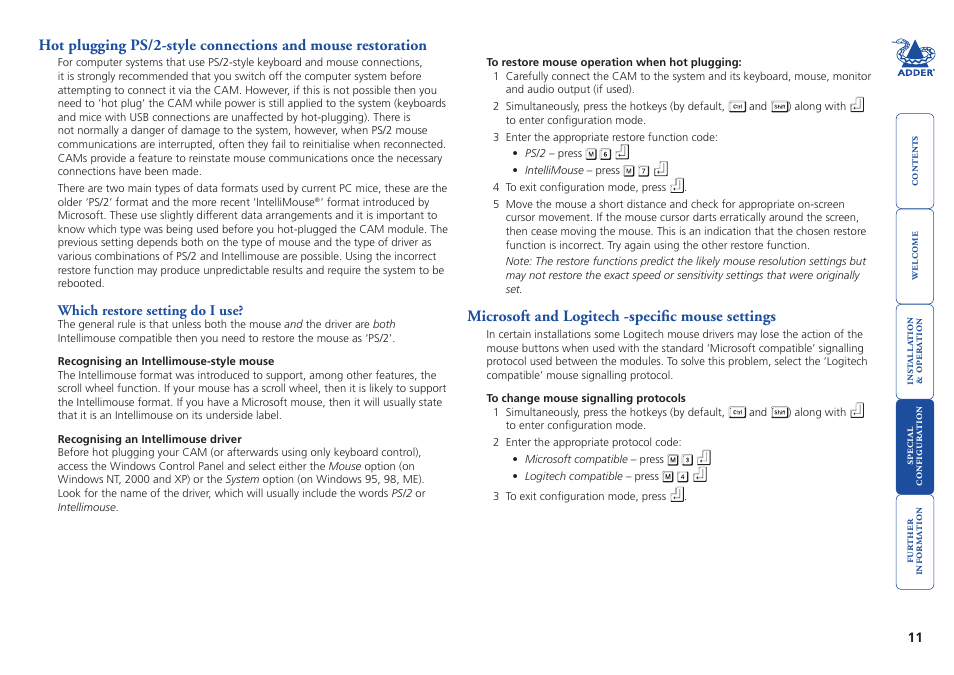 Which restore setting do i use, Microsoft and logitech -specific mouse settings, Which.restore.setting.do.i.use | Microsoft.and.logitech.-specific.mouse.settings | Adder Technology X200 User Manual | Page 12 / 21