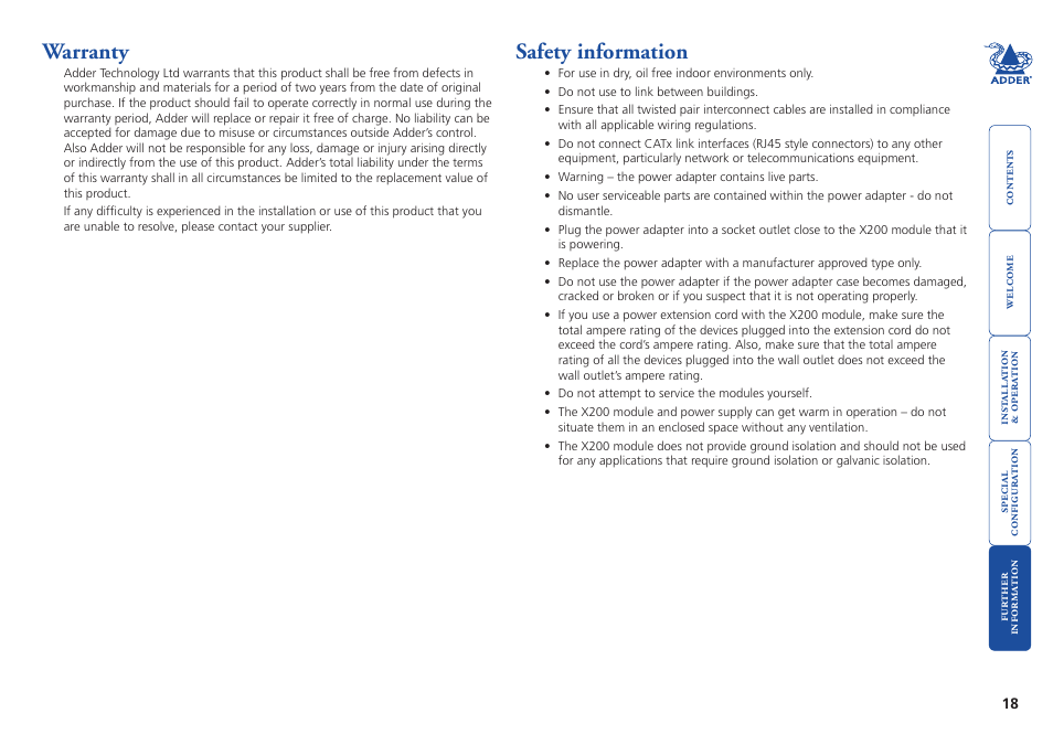 Warranty, Safety information, Warranty safety.information | Adder Technology X200 User Manual | Page 19 / 21