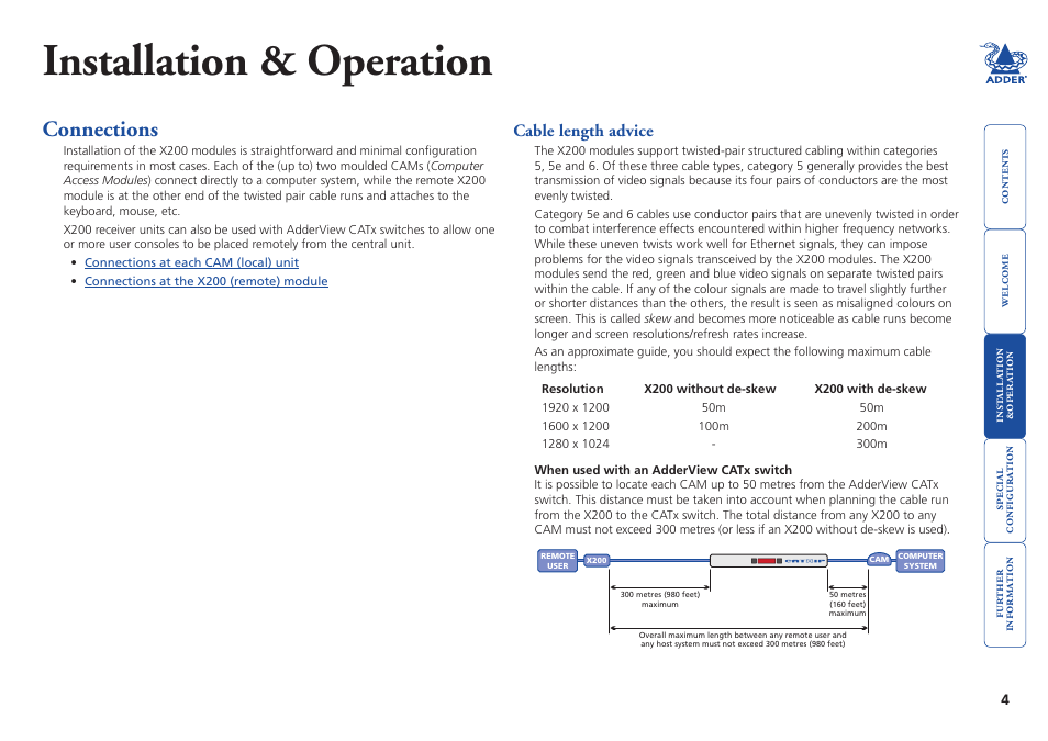 Installation & operation, Connections, Cable length advice | Inst, Ation, Tion, Cable.length.advice | Adder Technology X200 User Manual | Page 5 / 21