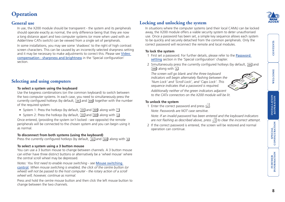 Operation, General use, Selecting and using computers | Locking and unlocking the system | Adder Technology X200 User Manual | Page 9 / 21