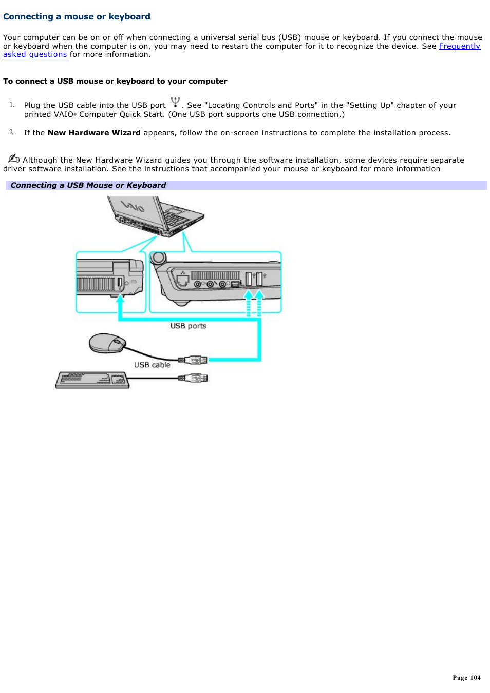 Connecting a mouse or keyboard | Sony PCG-K14 User Manual | Page 104 / 145