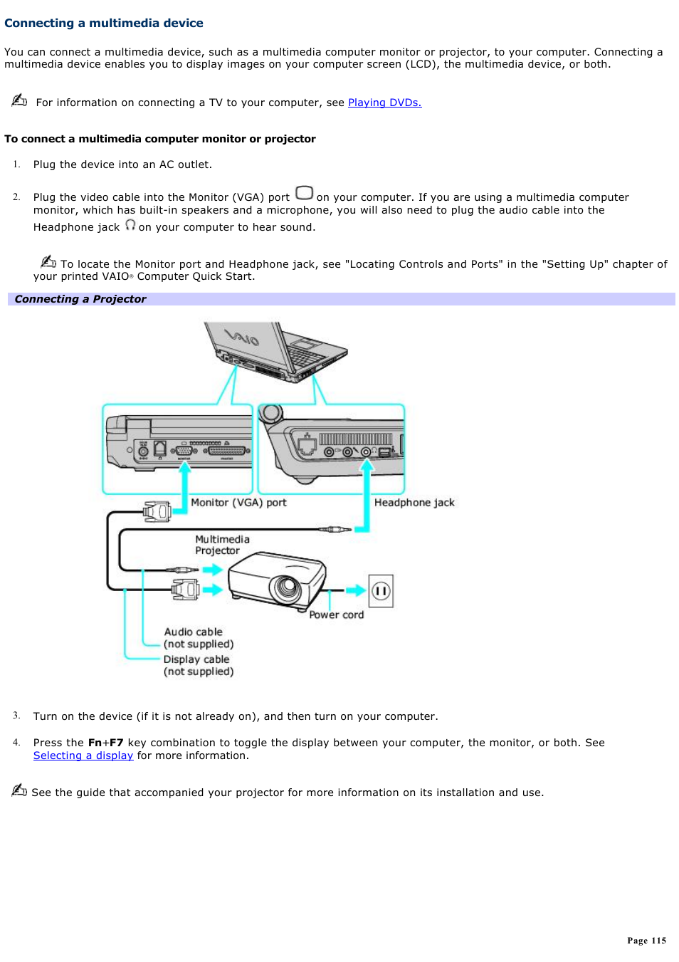 Connecting a multimedia device | Sony PCG-K14 User Manual | Page 115 / 145