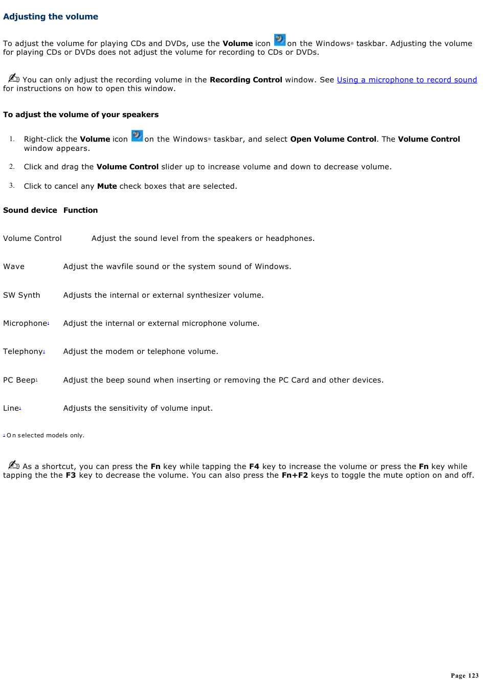 Adjusting the volume | Sony PCG-K14 User Manual | Page 123 / 145