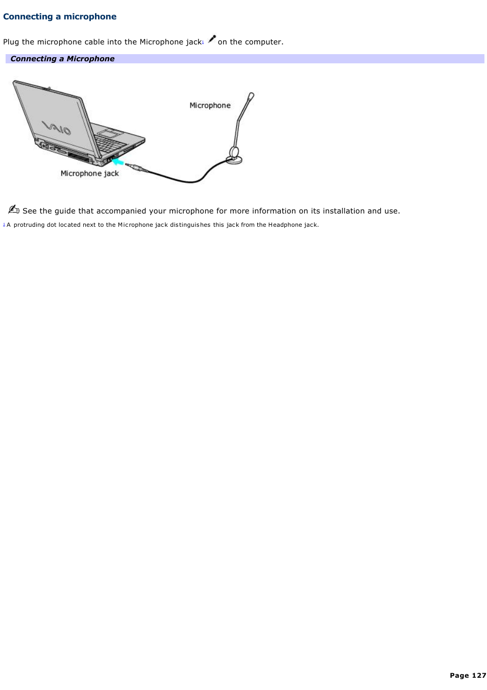 Connecting a microphone | Sony PCG-K14 User Manual | Page 127 / 145