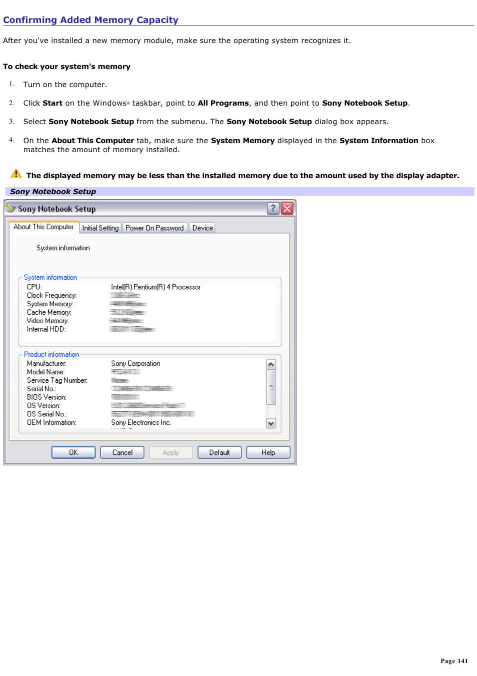 Confirming added memory capacity | Sony PCG-K14 User Manual | Page 141 / 145