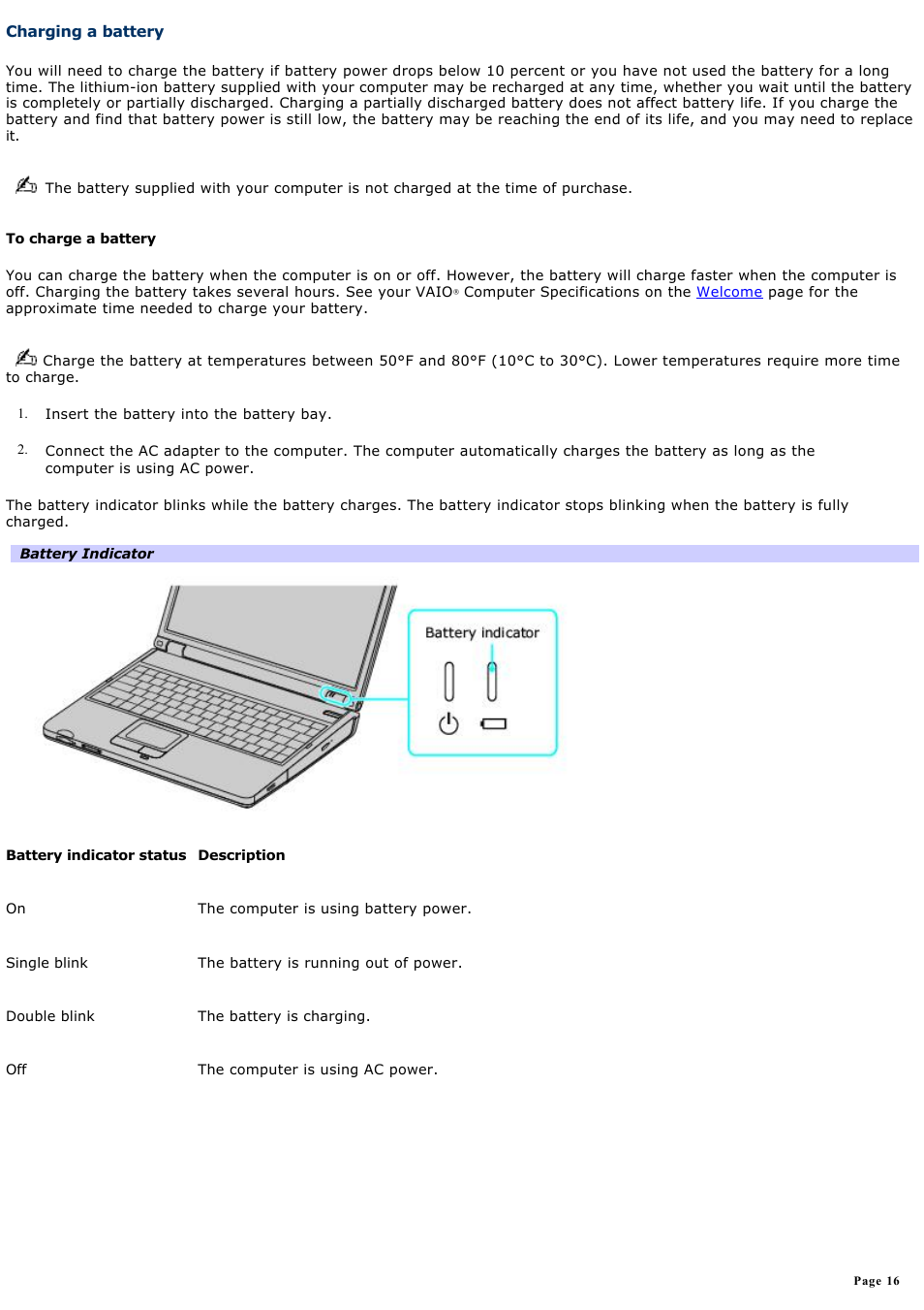 Charging a battery | Sony PCG-K14 User Manual | Page 16 / 145