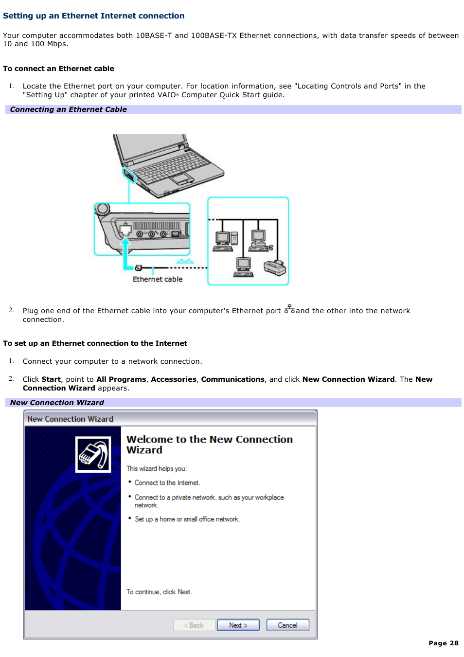 Setting up an ethernet internet connection | Sony PCG-K14 User Manual | Page 28 / 145