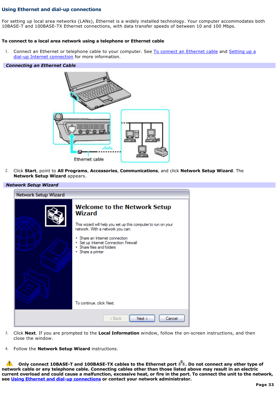 Using ethernet and dial-up connections | Sony PCG-K14 User Manual | Page 33 / 145