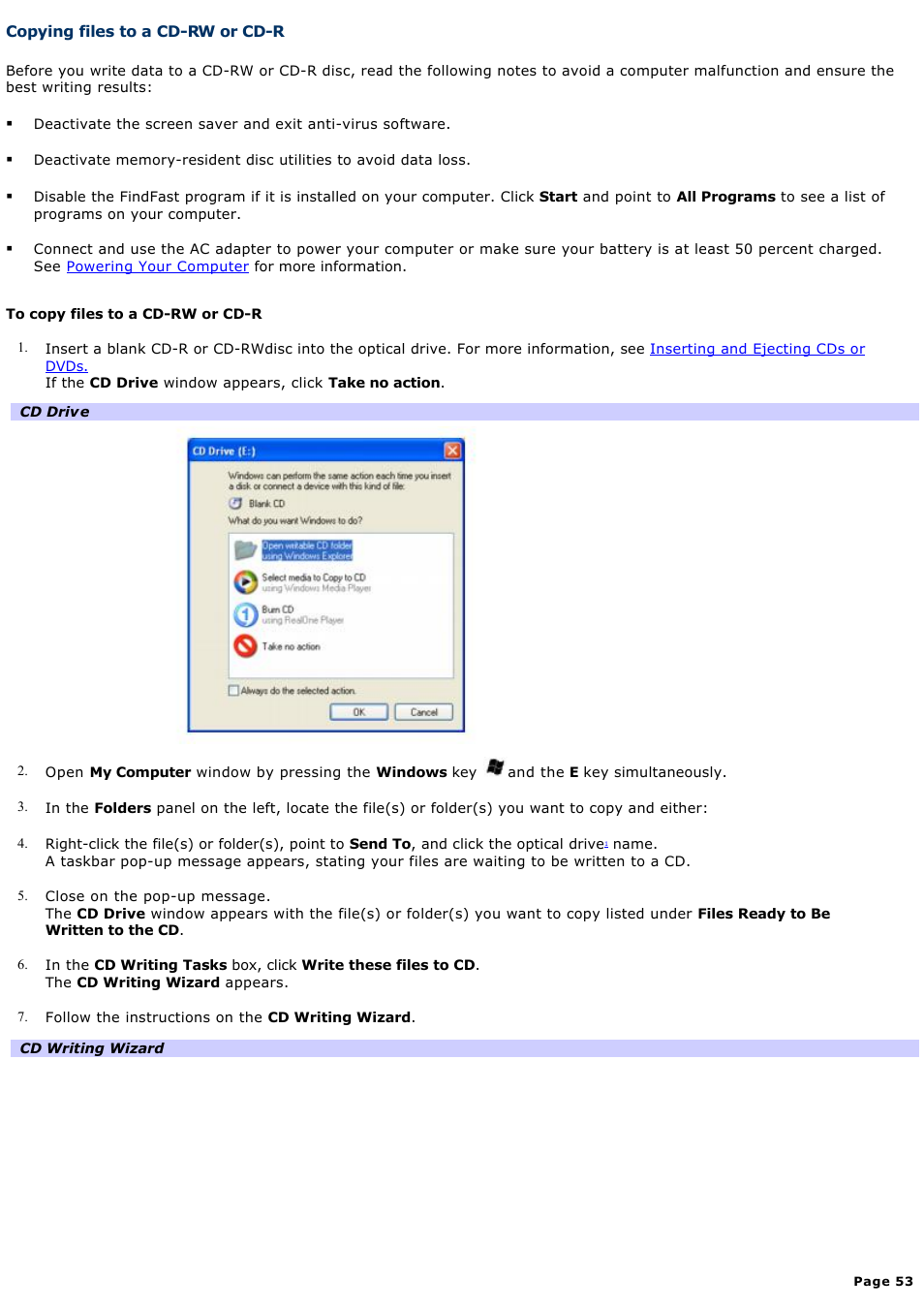 Copying files to a cd-rw or cd-r | Sony PCG-K14 User Manual | Page 53 / 145