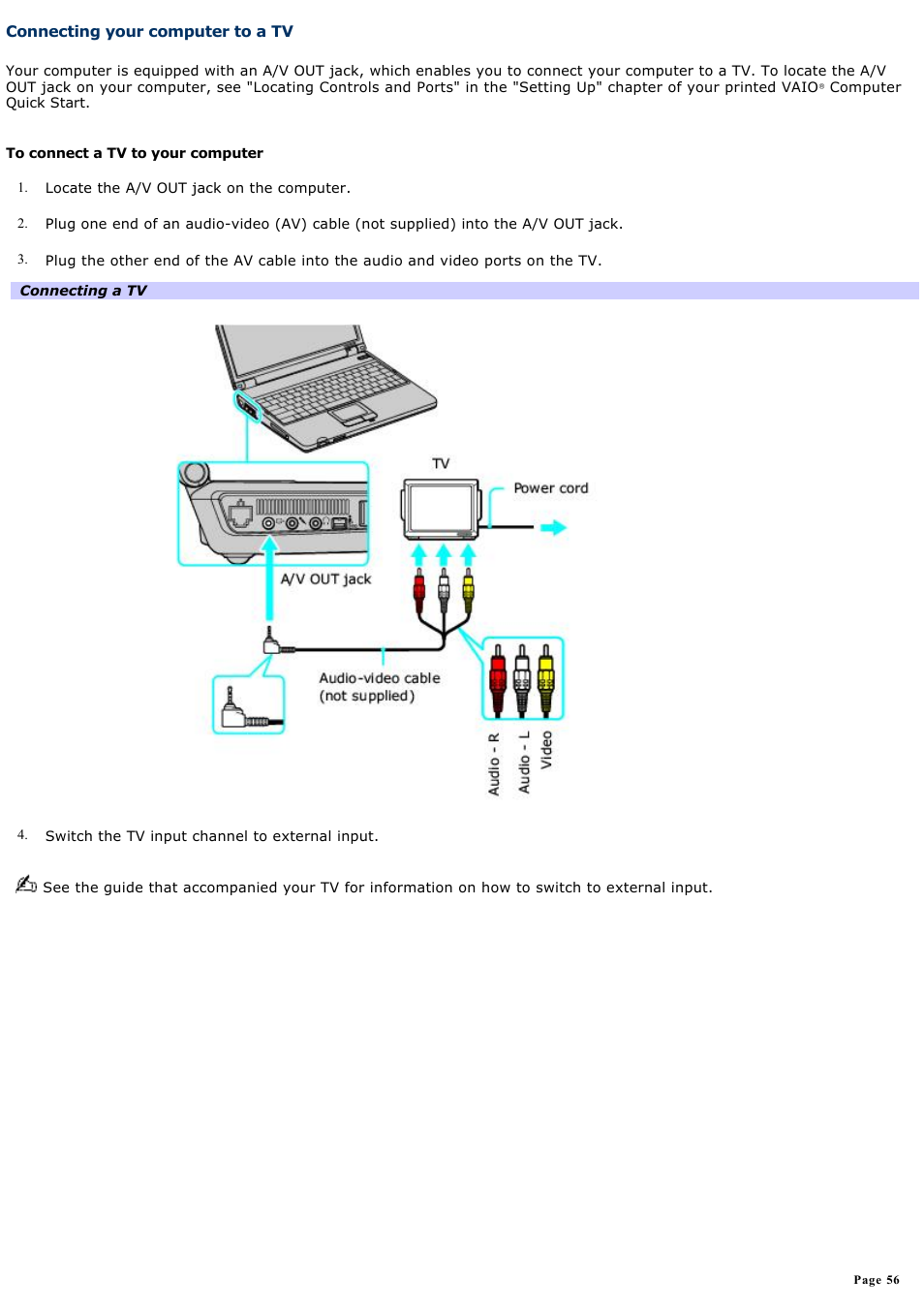 Connecting your computer to a tv | Sony PCG-K14 User Manual | Page 56 / 145