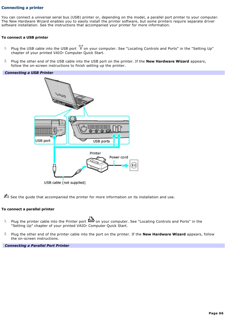 Connecting a printer | Sony PCG-K14 User Manual | Page 66 / 145