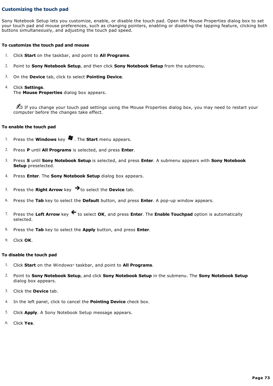 Customizing the touch pad | Sony PCG-K14 User Manual | Page 73 / 145