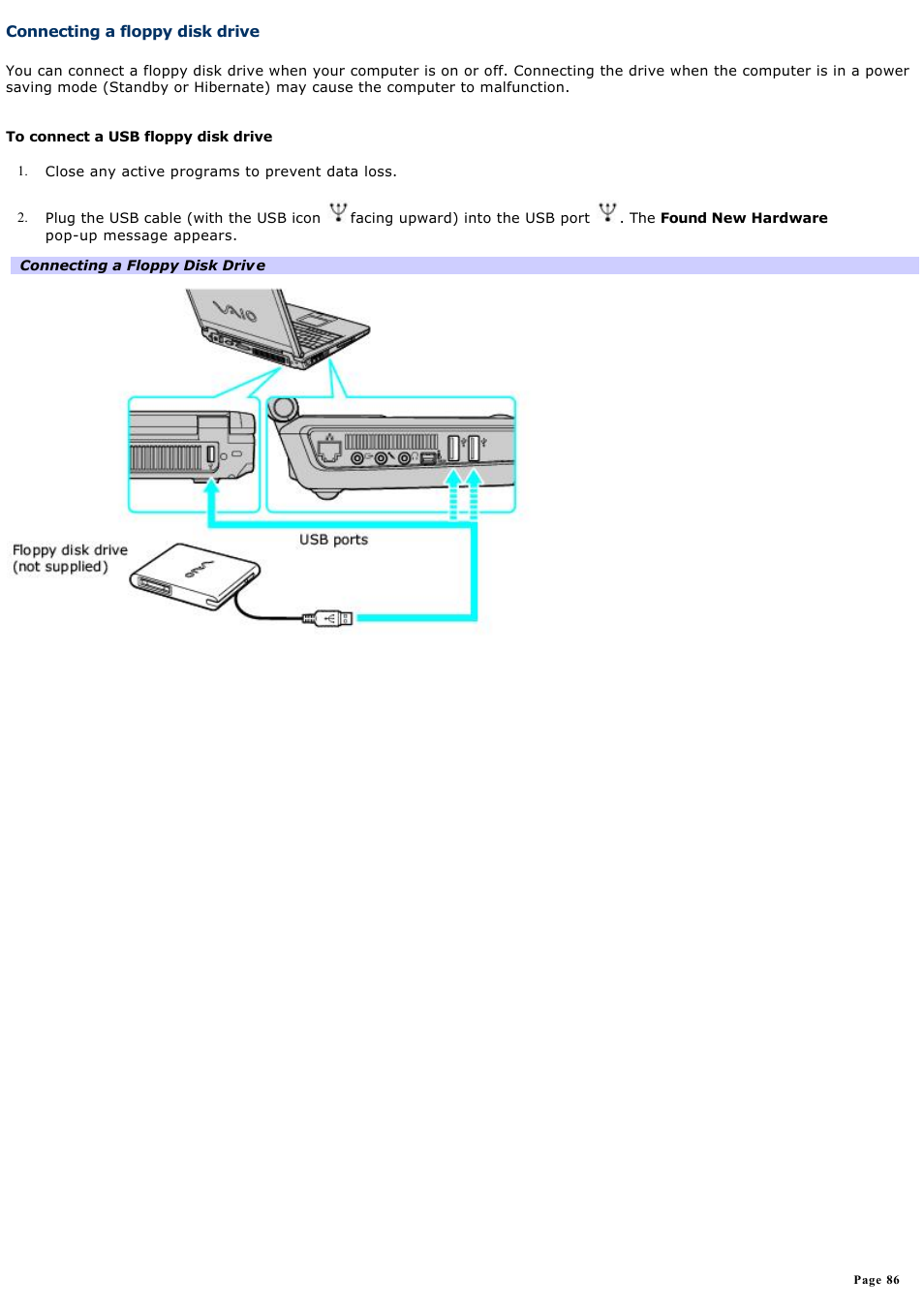 Connecting a floppy disk drive | Sony PCG-K14 User Manual | Page 86 / 145