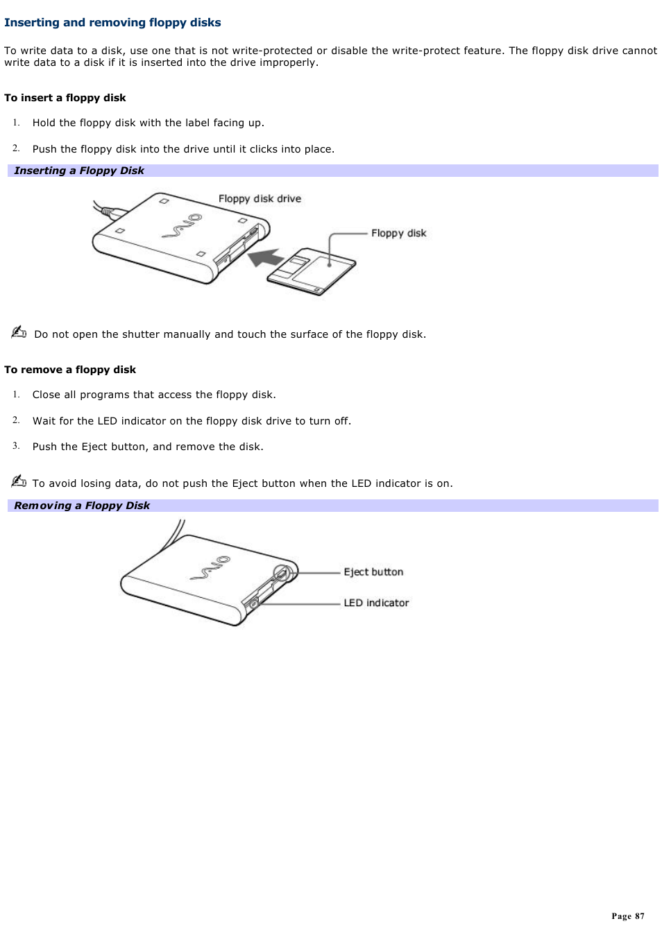 Inserting and removing floppy disks | Sony PCG-K14 User Manual | Page 87 / 145