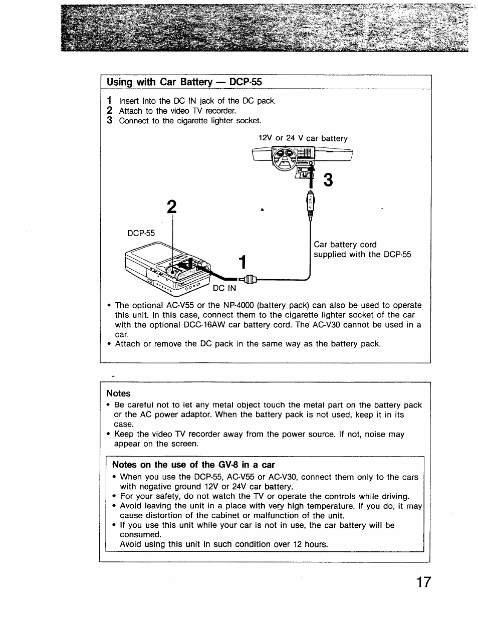 Using with car battery — dcp-55 | Sony GV-8 User Manual | Page 17 / 60