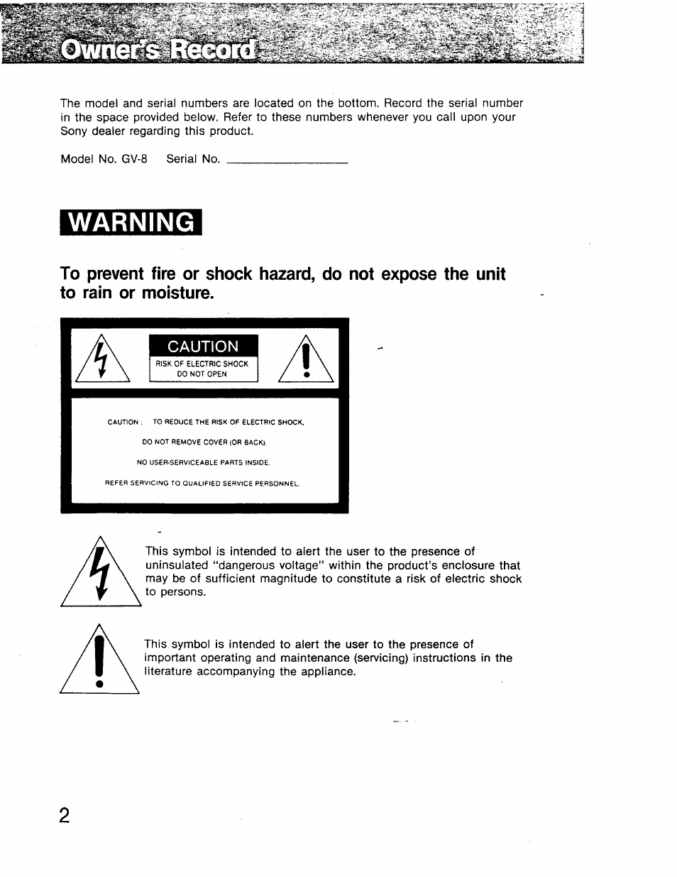 Caution, Warning | Sony GV-8 User Manual | Page 2 / 60