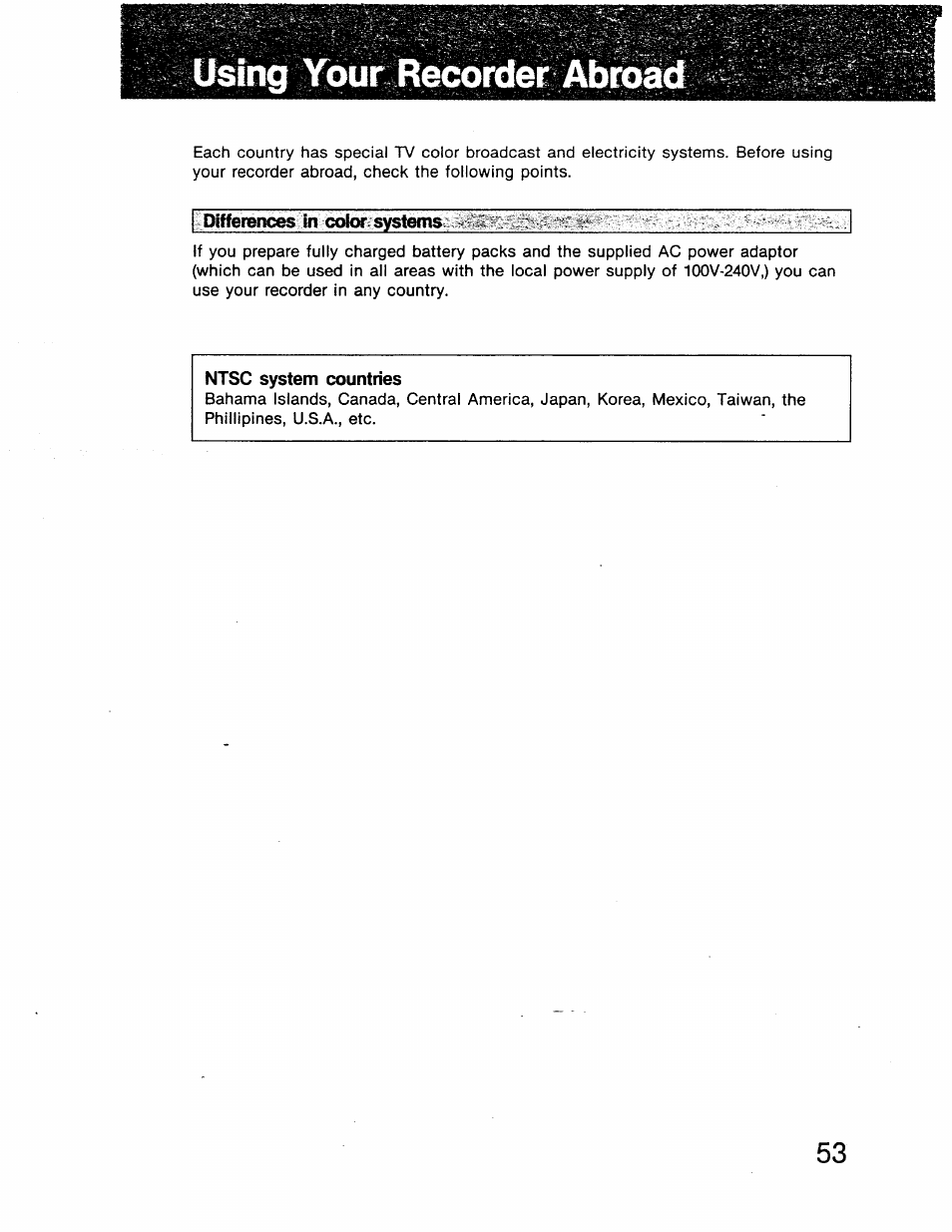 Using your recorder abroad, Ntsc system countries | Sony GV-8 User Manual | Page 53 / 60