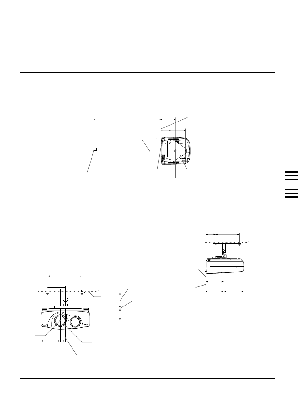 Diagrama de instalación, Vista frontal el objetivo está desplazado 40 mm (1, Vista lateral | Ejemplos de instalación | Sony VPL-VW10HT User Manual | Page 111 / 124