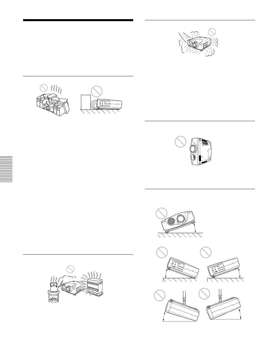 Notas para la instalación, Instalación inadecuada, Condiciones de uso inadecuadas | Sony VPL-VW10HT User Manual | Page 112 / 124