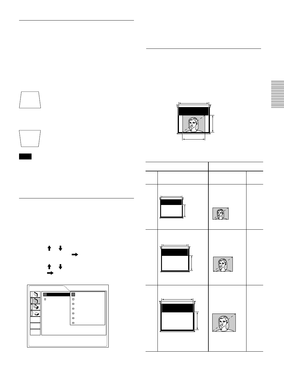 Changing the aspect, The picture size for the screen size | Sony VPL-VW10HT User Manual | Page 19 / 124