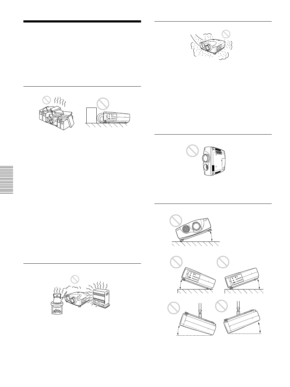 Unsuitable installation, Unsuitable conditions for use | Sony VPL-VW10HT User Manual | Page 32 / 124