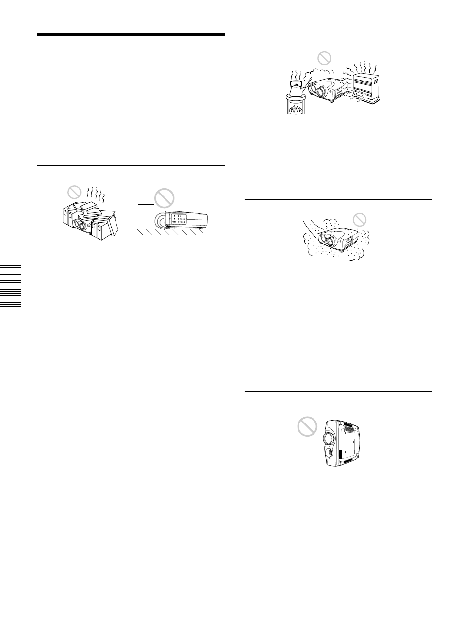 Remarques concernant l’installation, Installation déconseillée, Conditions d’utilisation déconseillées | Sony VPL-VW10HT User Manual | Page 72 / 124