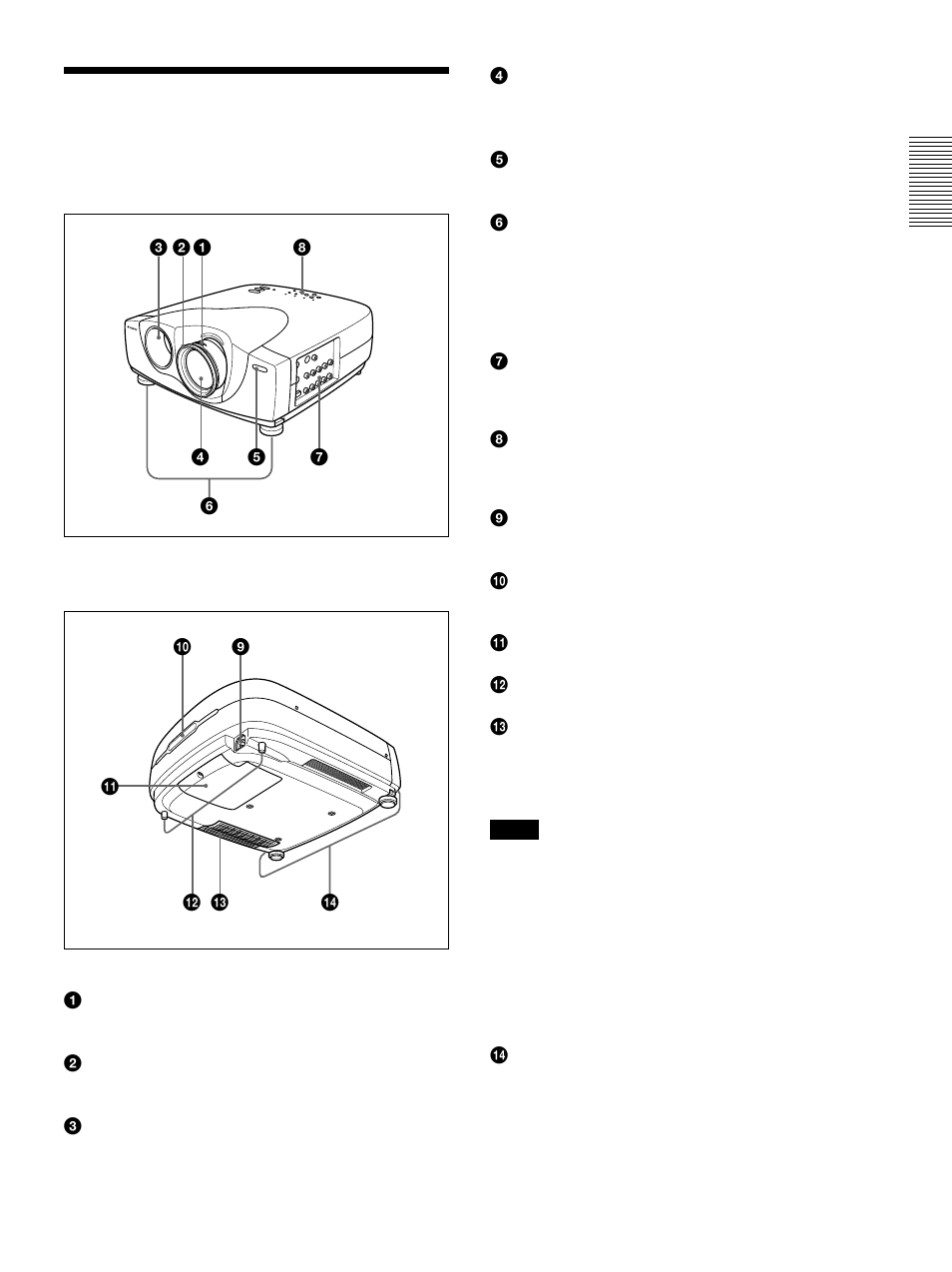 Ubicación y función de los controles, Lateral frontal/izquierdo, Lateral posterior/derecho/base | Sony VPL-VW10HT User Manual | Page 89 / 124