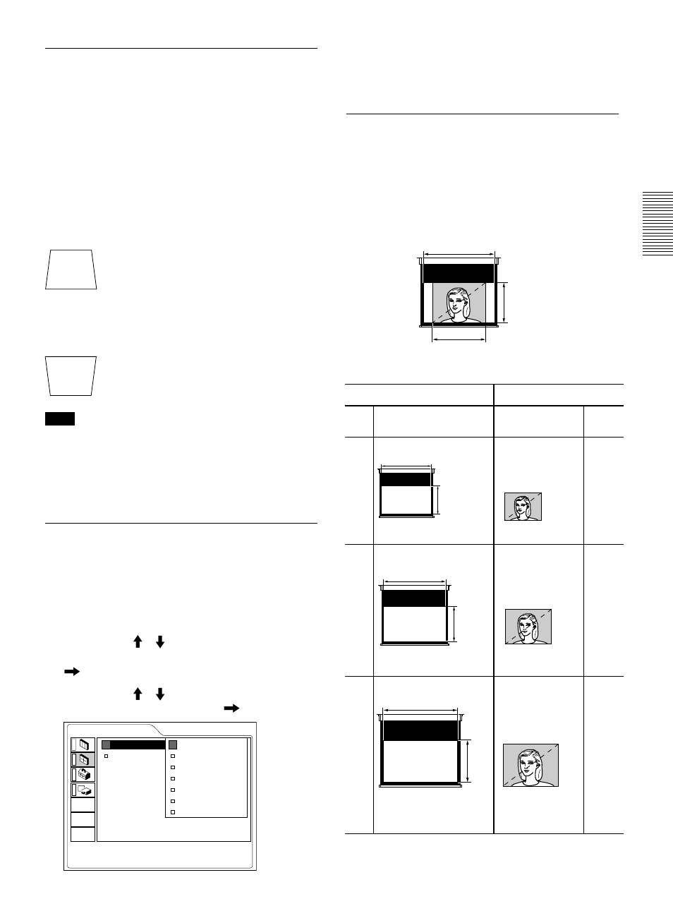 Para corregir el trapezoide, Cambio del aspecto, Tamaño de imagen para el tamaño de pantalla | Sony VPL-VW10HT User Manual | Page 99 / 124