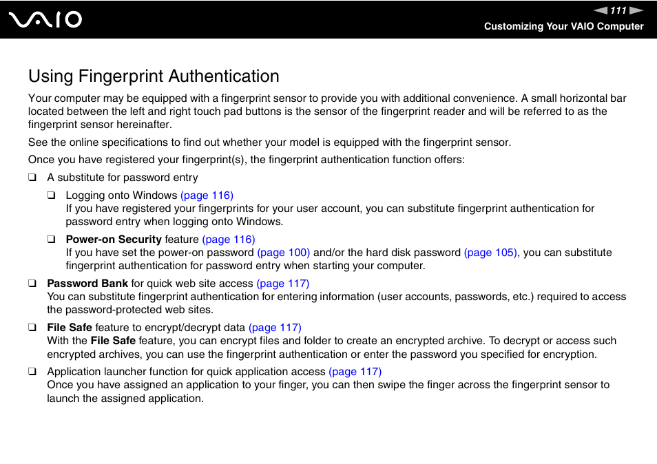 Using fingerprint authentication | Sony VGN-SR290JVB User Manual | Page 111 / 227