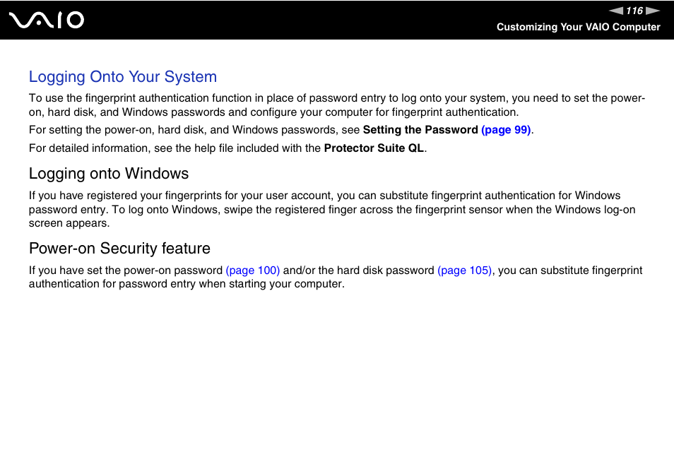 Logging onto your system, Logging onto windows, Power-on security feature | Sony VGN-SR290JVB User Manual | Page 116 / 227