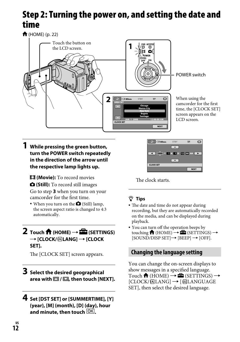 Changing the language setting | Sony DCR-SR65 User Manual | Page 12 / 68