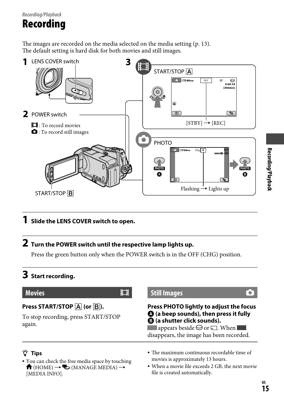 Recording/playback, Recording, Movies | Still images | Sony DCR-SR65 User Manual | Page 15 / 68